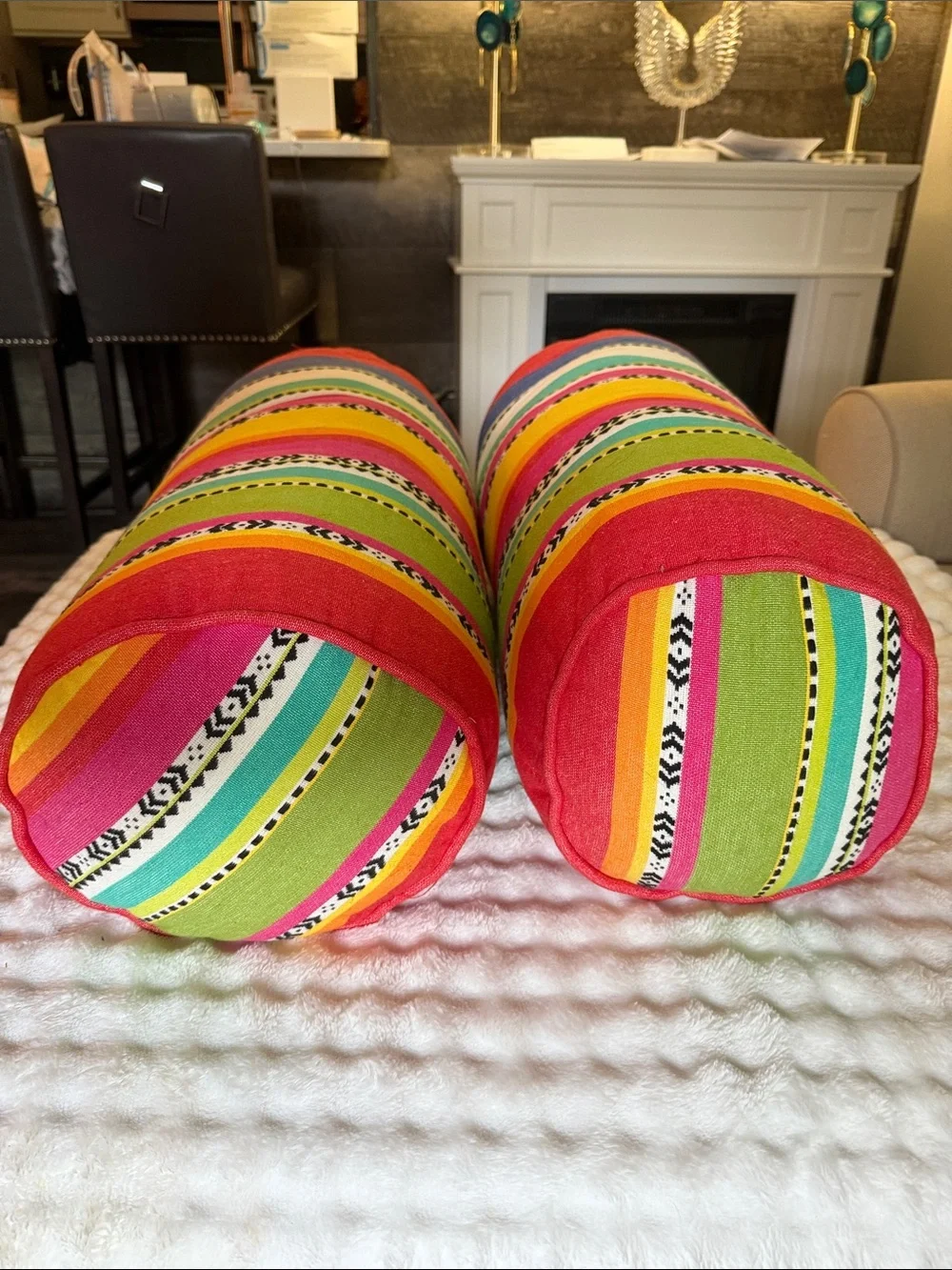 Colorful Striped Bolster Pillow Pair - Vibrant Red, Yellow & Green Accent